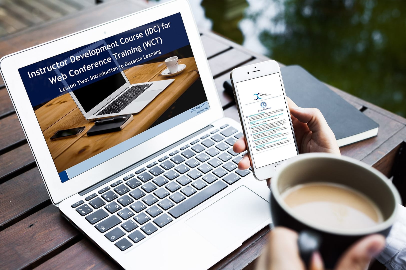 Person on iPhone Drinking Coffee Completing an Interactive PDF Checklist